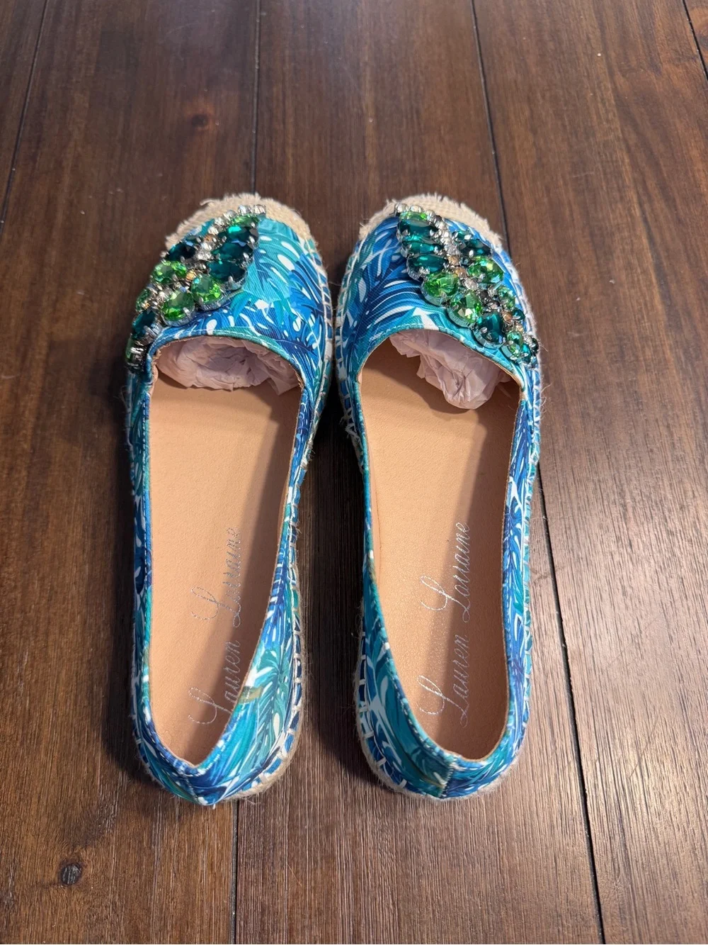Lauren Lorraine Espadrille Flats Tropical Palm Crystal Embellished Shoes 8 NIB